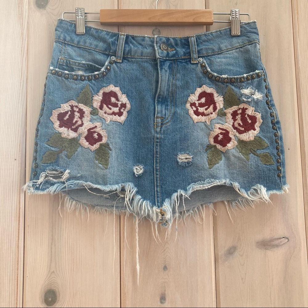 Free People Wild Rose Distressed Floral Embroidered Studded Denim Mini Skirt - Picture 3 of 12